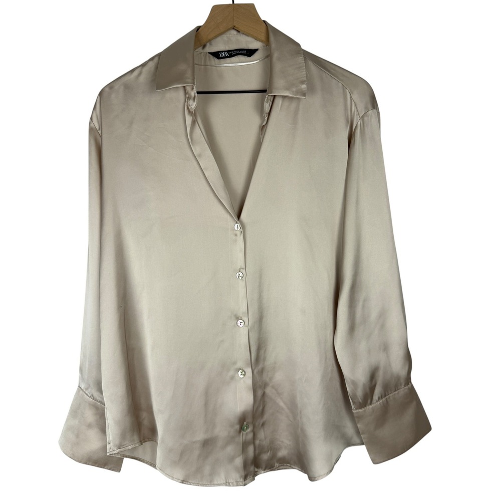 Zara Button Down Shirt Women Medium Champagne Satin Long Sleeve Blouse 2197/335